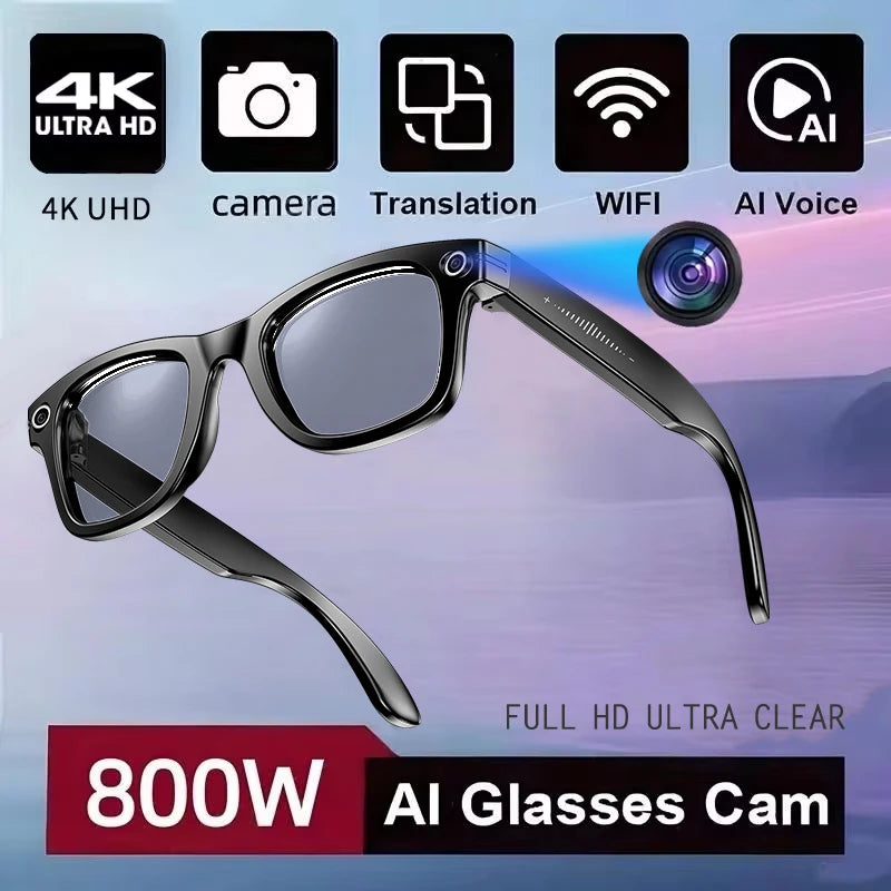 Smart glasses with various features on a blue gradient background