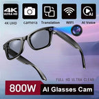 Smart glasses with various features on a blue gradient background
