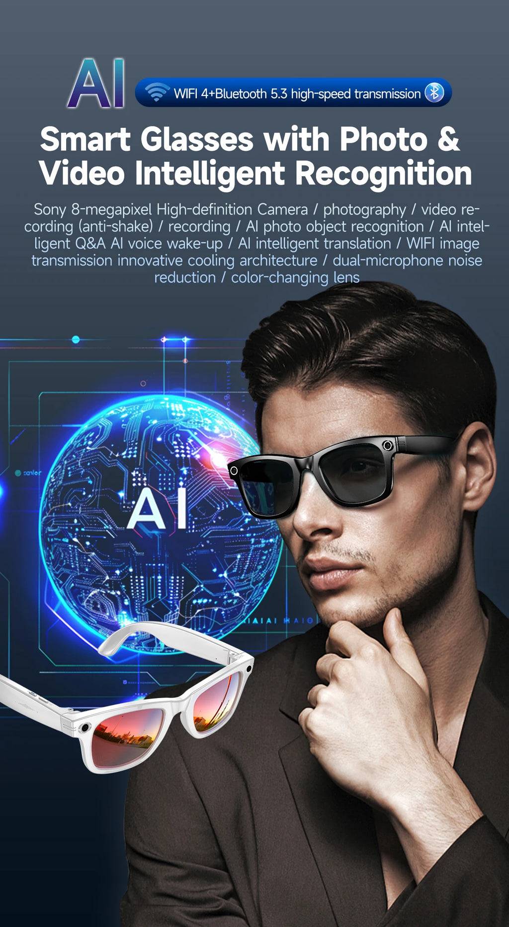 AI Sony 8MP Smart Sunglasses Photo Video Shooting Recognition Translation Wifi Bluetooth Music Play