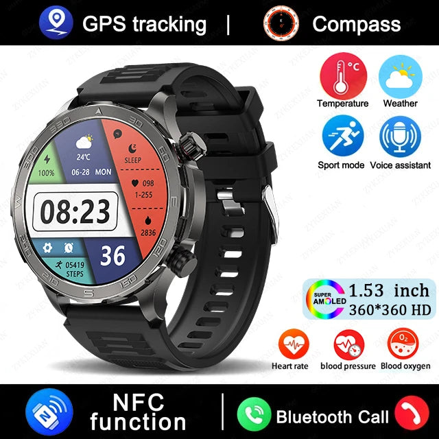 Smartwatch with various features highlighted on a white background