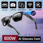 Sunglasses with added features like 4K Ultra HD, camera, translation, WiFi, and AI voice on a blue gradient background.