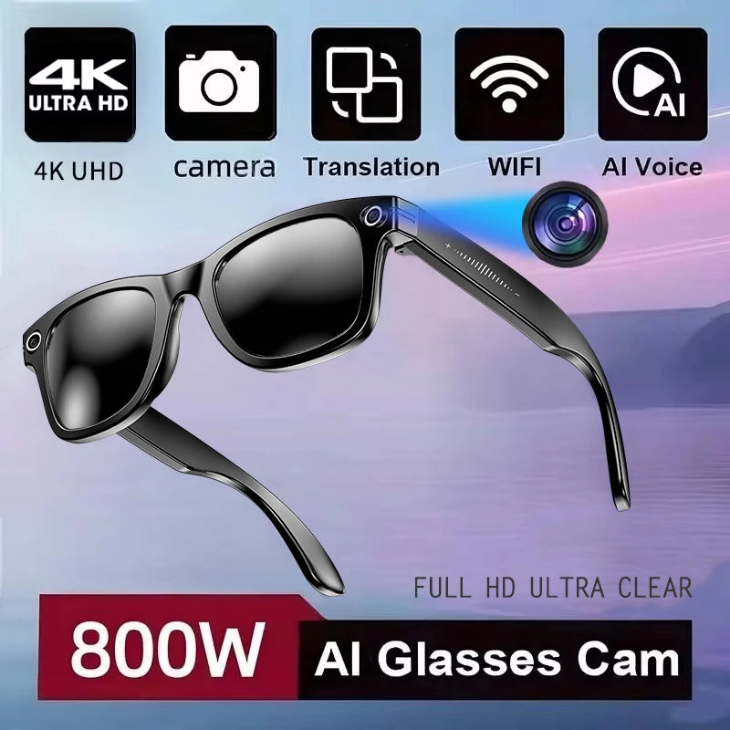 Sunglasses with added features like 4K Ultra HD, camera, translation, WiFi, and AI voice on a blue gradient background.
