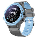 GPS smartwatch with blue face and gray strap on a white background