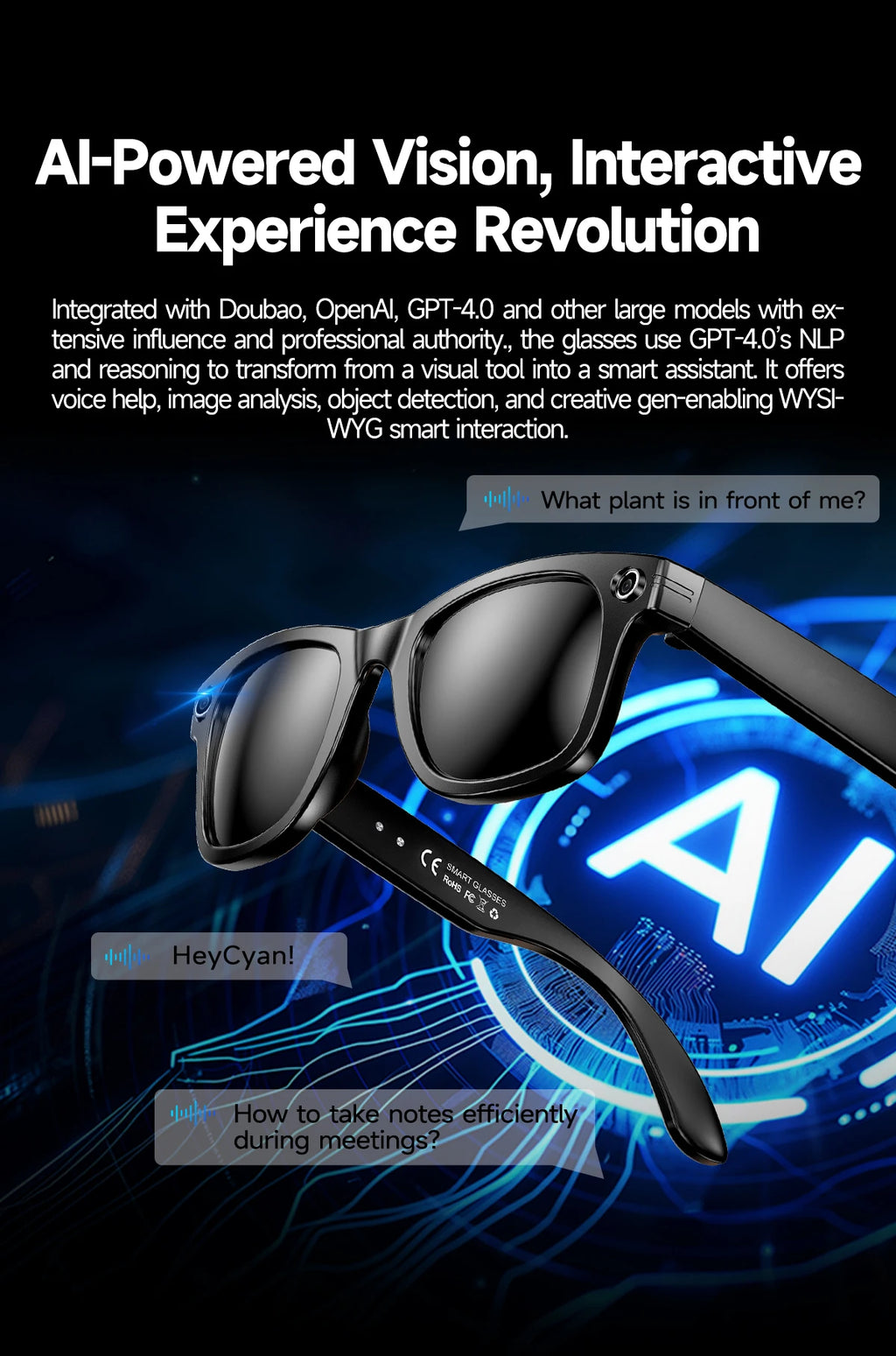 AI Sony 8MP Smart Sunglasses Photo Video Shooting Recognition Translation Wifi Bluetooth Music Play
