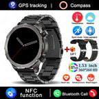 Black smartwatch with metal band on a white background, featuring GPS tracking, compass, and various functions.