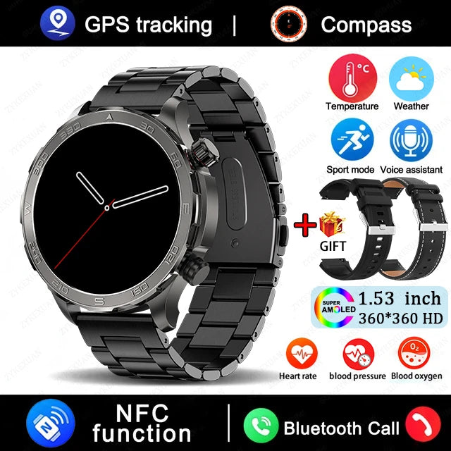Black smartwatch with metal band on a white background, featuring GPS tracking, compass, and various functions.