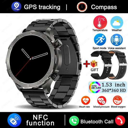 Black smartwatch with metal band on a white background, featuring GPS tracking, compass, and various functions.