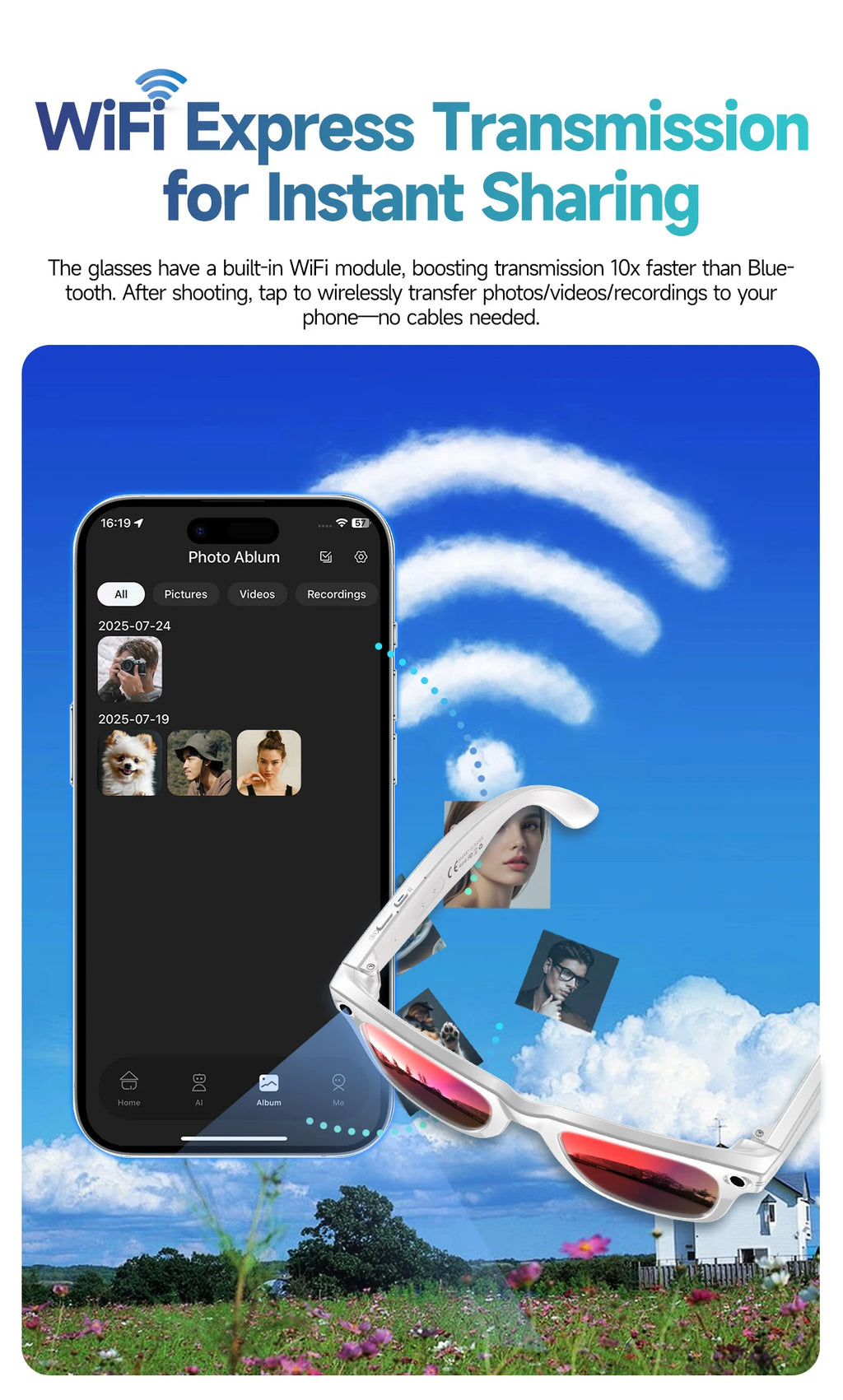 AI Sony 8MP Smart Sunglasses Photo Video Shooting Recognition Translation Wifi Bluetooth Music Play